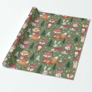 Evergreen Christmas Fox Deer Bunny Owl Pattern Wrapping Paper