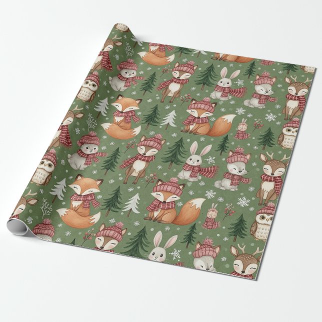 Evergreen Christmas Fox Deer Bunny Owl Pattern Wrapping Paper (Unrolled)