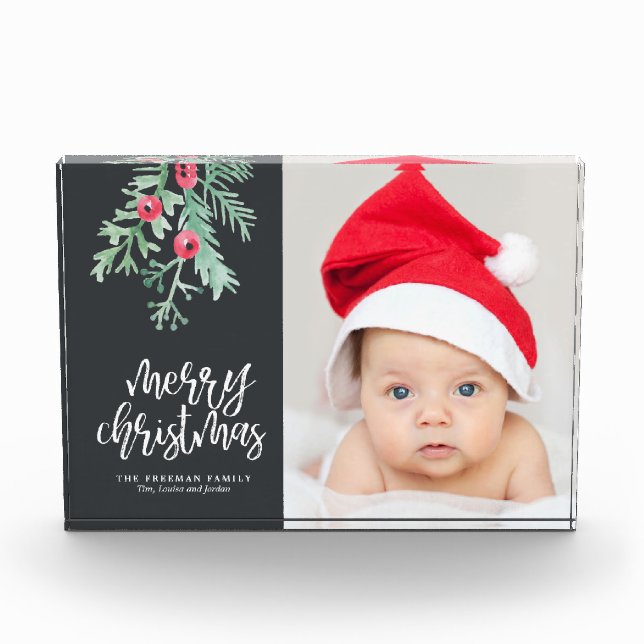 Evergreen Christmas Holiday Photo Block in Slate (Front)