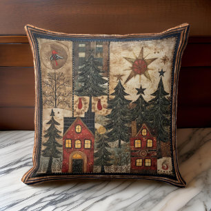 Evergreen Christmas Quilt Red Houses Trees Stars Throw Pillow