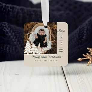 Evergreen Christmas Tree Baby Birth Stat Photo Metal Ornament