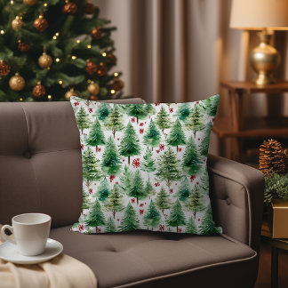 Evergreen Christmas Tree Watercolor Winter Forest  Throw Pillow