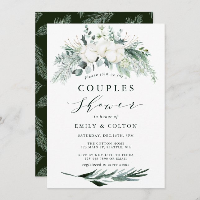 Evergreen & Cotton Flower Bouquet Couples Shower Invitation (Front/Back)