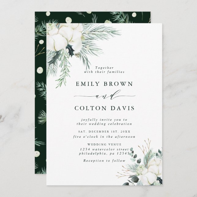 Evergreen & Cotton Flower Bouquet Wedding  Invitation (Front/Back)