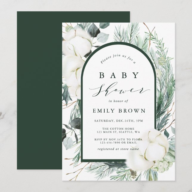 Evergreen & Cotton Flowers Arch Baby Shower Invitation (Front/Back)