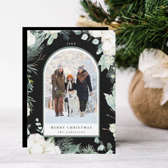 Evergreen & Cotton Flowers Arch Photo Black Holiday Card (Creator Uploaded)