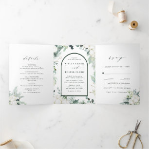 Evergreen & Cotton Flowers Arch Wedding  Tri-Fold Invitation