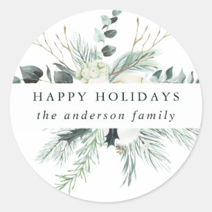 Evergreen & Cotton Flowers Christmas   Holiday Classic Round Sticker