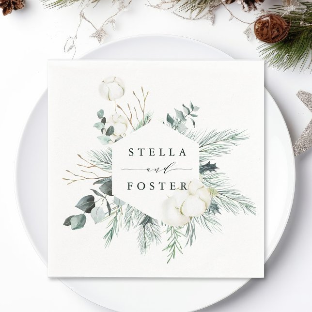 Evergreen & Cotton Flowers Elegant Hexagon Wedding Napkin (Creator Uploaded)