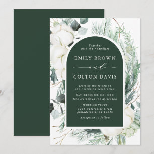 Evergreen & Cotton Flowers Elegant Wedding Green Invitation