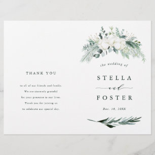 Evergreen & Cotton Flowers Elegant Wedding Program