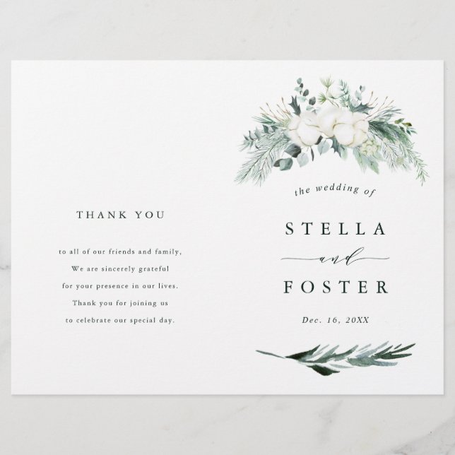 Evergreen & Cotton Flowers Elegant Wedding Program (Front)