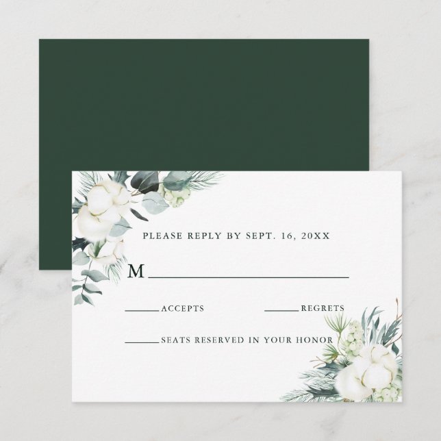 Evergreen & Cotton Flowers Elegant Wedding RSVP (Front/Back)