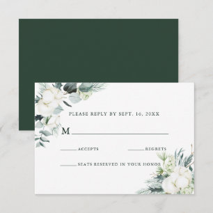 Evergreen & Cotton Flowers Elegant Wedding RSVP Card