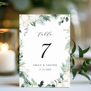 Evergreen & Cotton Flowers Elegant Wedding  Table Number