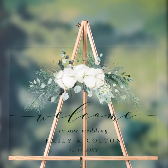 Evergreen & Cotton Flowers Elegant Wedding Welcome Acrylic Sign (Neutral)