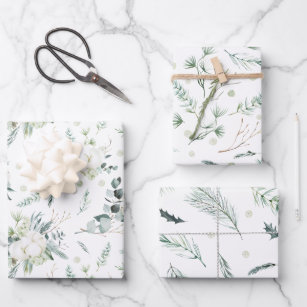 Evergreen & Cotton Flowers Elegant Wrapping Paper Sheet