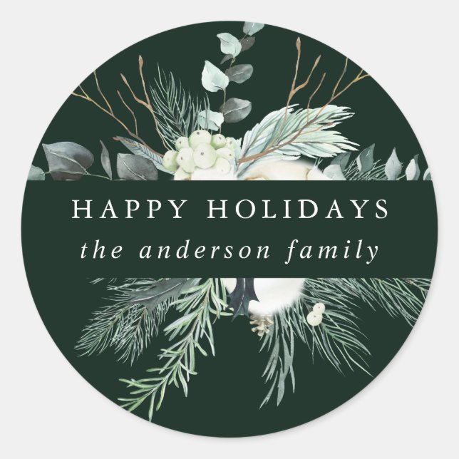 Evergreen & Cotton Flowers Happy Holidays Green Classic Round Sticker (Front)