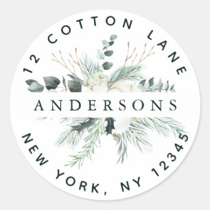 Evergreen & Cotton Flowers Return Address Classic Round Sticker