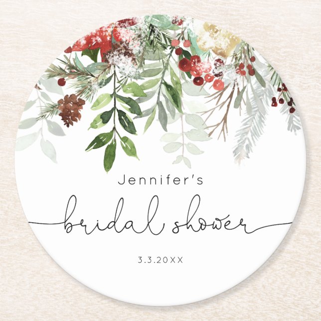 Evergreen elegant bridal shower round paper coaster (Front)
