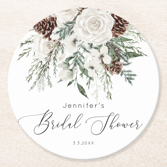 Evergreen elegant bridal shower round paper coaster (Front)