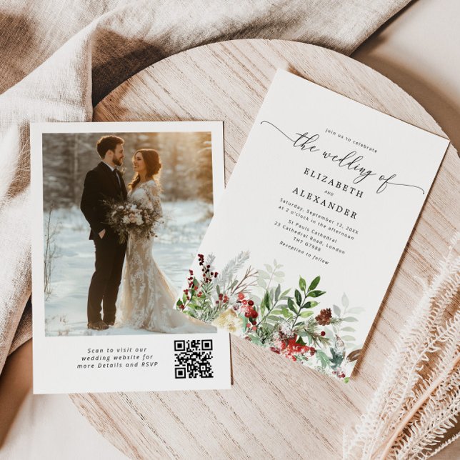 Evergreen elegant winter wedding QR code photo Invitation (Creator Uploaded)