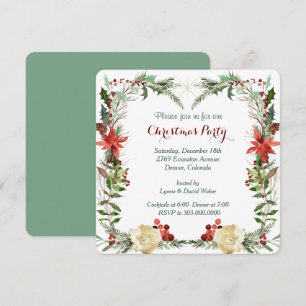 Evergreen Floral Berry Frame Holiday Party Invite