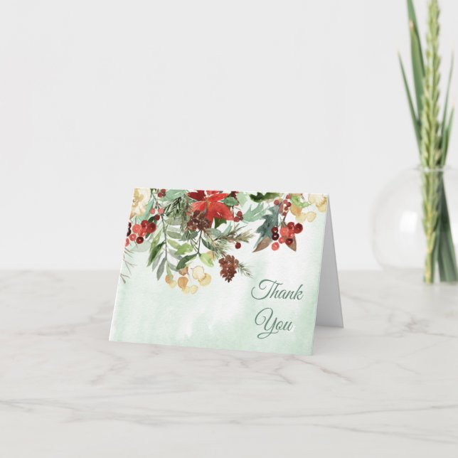 Evergreen Floral Winter Berry Thank You Card (Front)