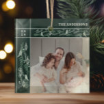 Evergreen Garland Frame Modern Photo Christmas Glass Ornament<br><div class="desc">A beautiful hand illustrated evergreen frame design which includes ornaments and winter birds makes for an elegant and intricate Christmas ornament. Your own photo can be added.</div>