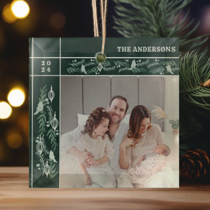 Evergreen Garland Frame Modern Photo Christmas Glass Ornament