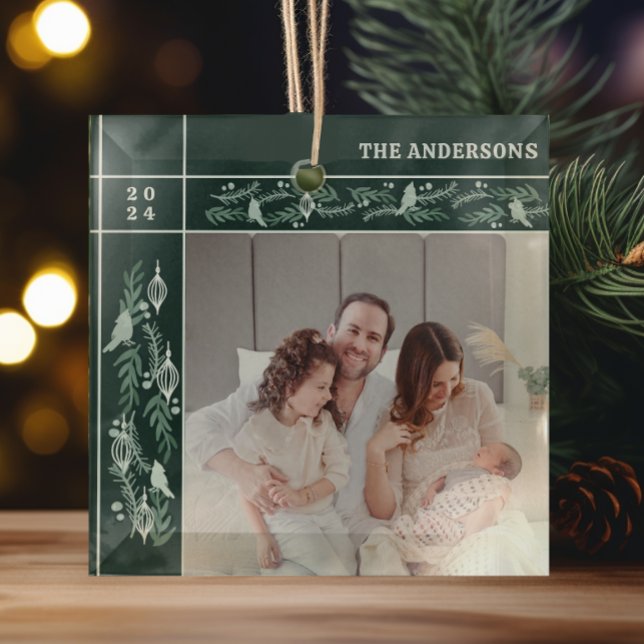 Evergreen Garland Frame Modern Photo Christmas Glass Ornament (Creator Uploaded)