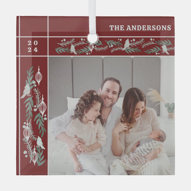 Evergreen Garland Frame Photo Christmas Glass Ornament (Front)