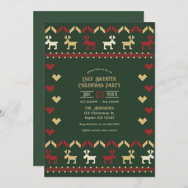 Evergreen Glow Ugly Sweater Christmas Party Invitation (Front/Back)