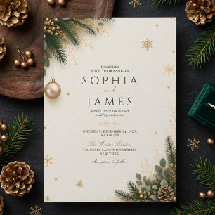 Evergreen Gold Elegant Christmas Holiday Wedding Invitation