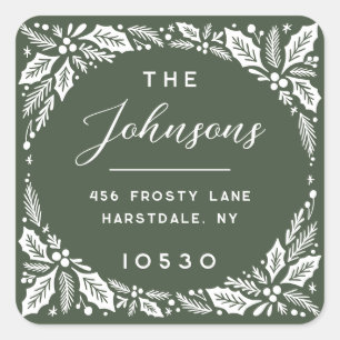 Evergreen Holly Berry Holiday Return Address Square Sticker