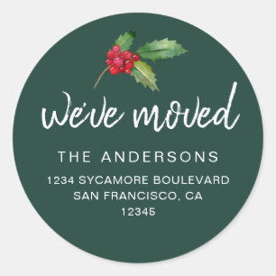 Evergreen Holly We’ve Moved Holiday Classic Round Sticker
