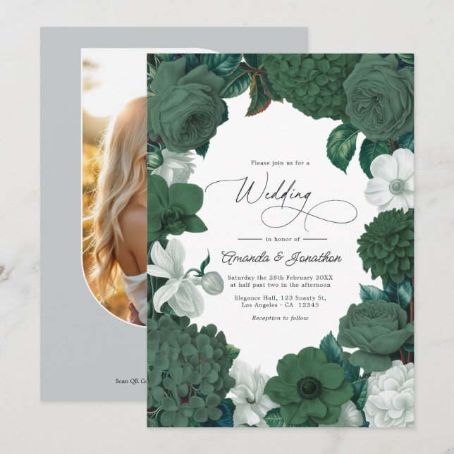 Evergreen, Juniper & Snow White Wedding Invitation (Front/Back)