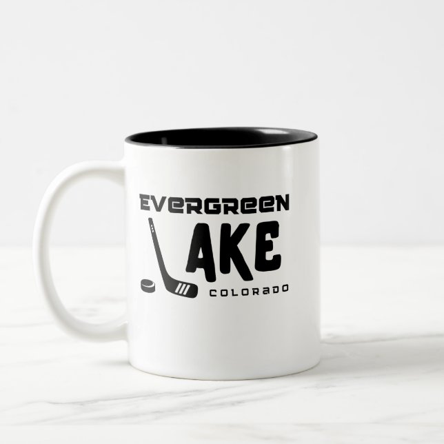 Evergreen Lake, Colorado Hockey,  Two-Tone Coffee Mug (Left)