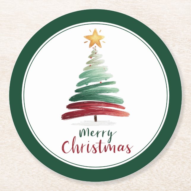 Evergreen Minimalist Christmas Tree Round Paper Coaster (Front)