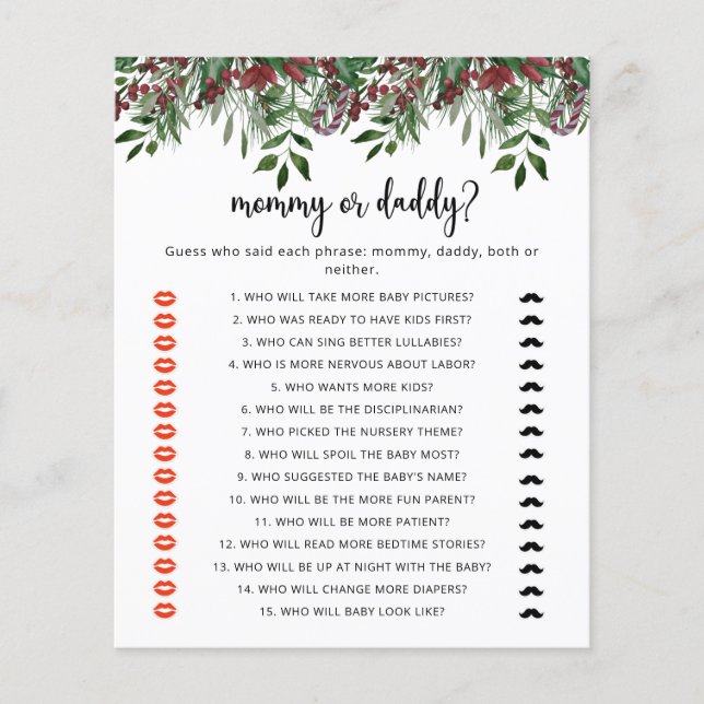 Evergreen mommy or daddy baby shower game (Front)