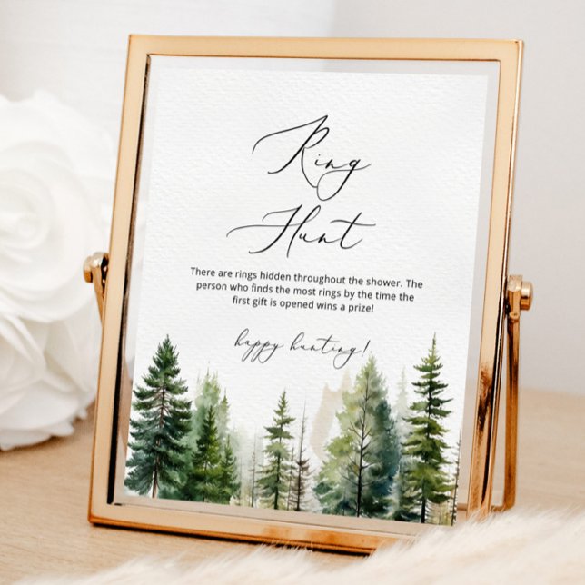 Evergreen pine trees ring hunt bridal shower game poster (Creator Uploaded)
