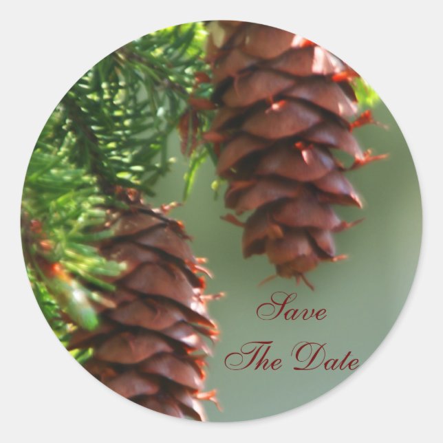 Evergreen Pinecone Save The Date Wedding Sticker (Front)