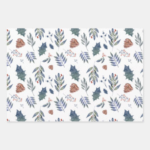 Evergreen Pinecones & Berries Green, White, Red Wrapping Paper Sheet