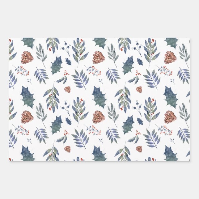 Evergreen Pinecones & Berries Green, White, Red Wrapping Paper Sheet (Front)