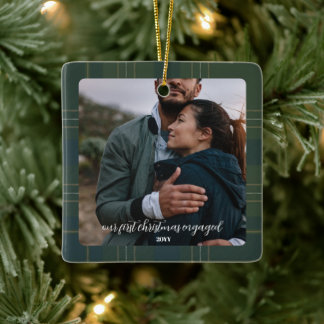 Evergreen Plaid Engagement | Rustic Flannel Tartan Ceramic Ornament