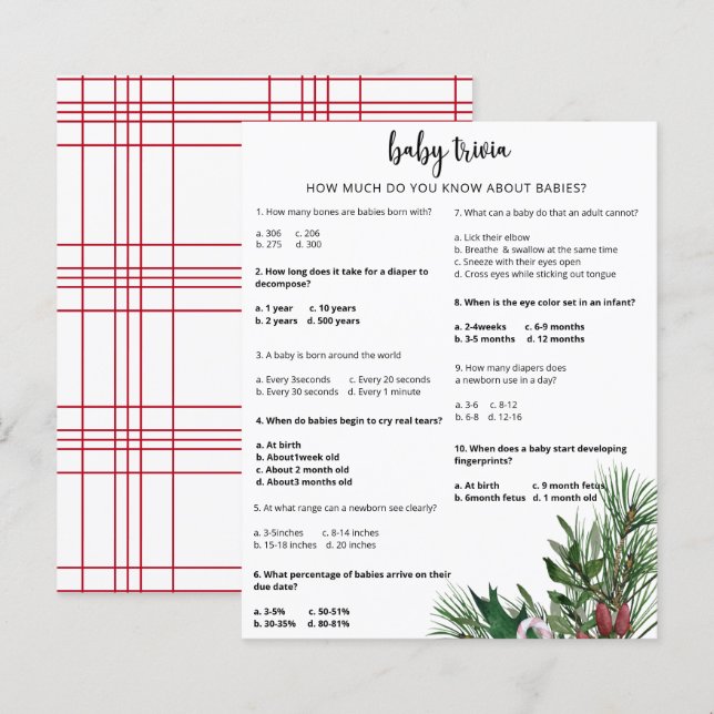 Evergreen Snow Baby Trivia | Baby Shower Game (Front/Back)