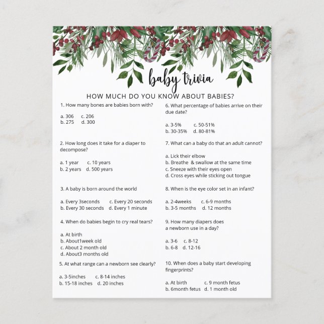Evergreen Snow Baby Trivia | Baby Shower Game (Front)