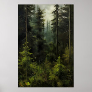 Evergreen Tree Forest Farmhouse , Vintage Wall Poster