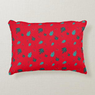 Evergreen Tree Leaves & Red Holly Berries Accent Pillow
