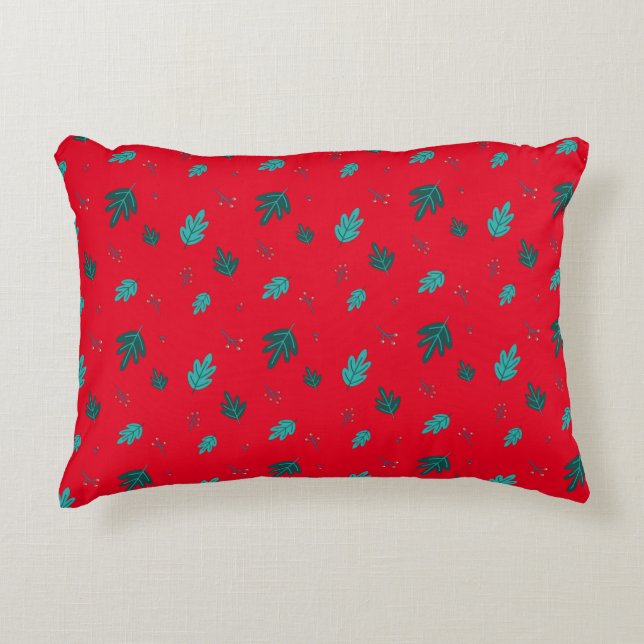 Evergreen Tree Leaves & Red Holly Berries Accent Pillow (Front)